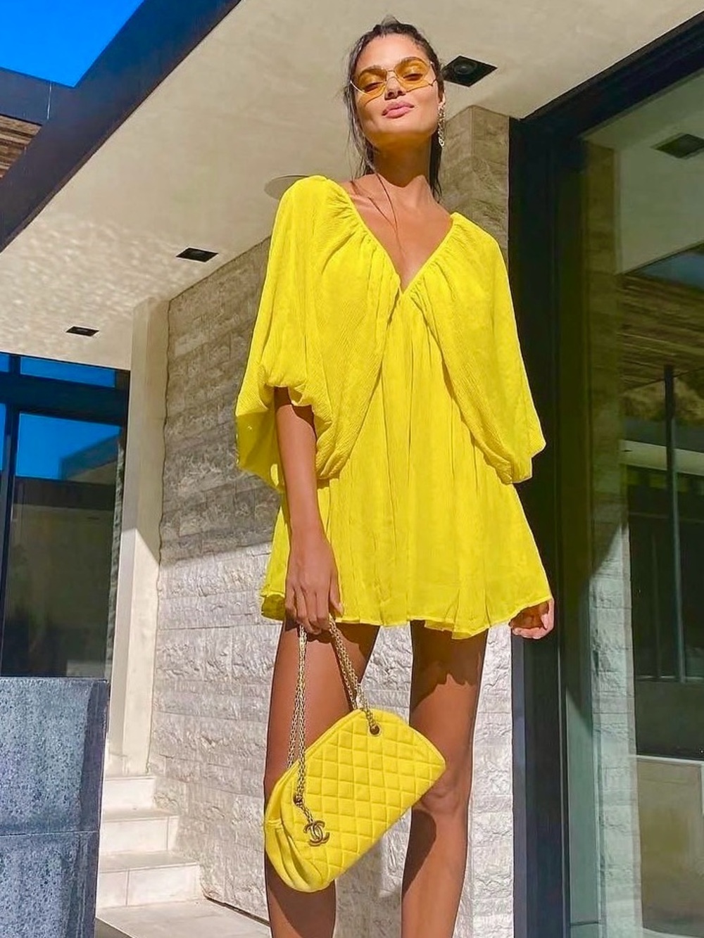 REVOLVE TULAROSA NOLA Draped Flowy Sleeve V Neck Lemon Drop Mini Dress